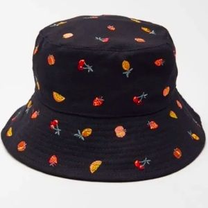 Urban Outfitters Black Bucket Hat with Embroidered Fruit Pattern